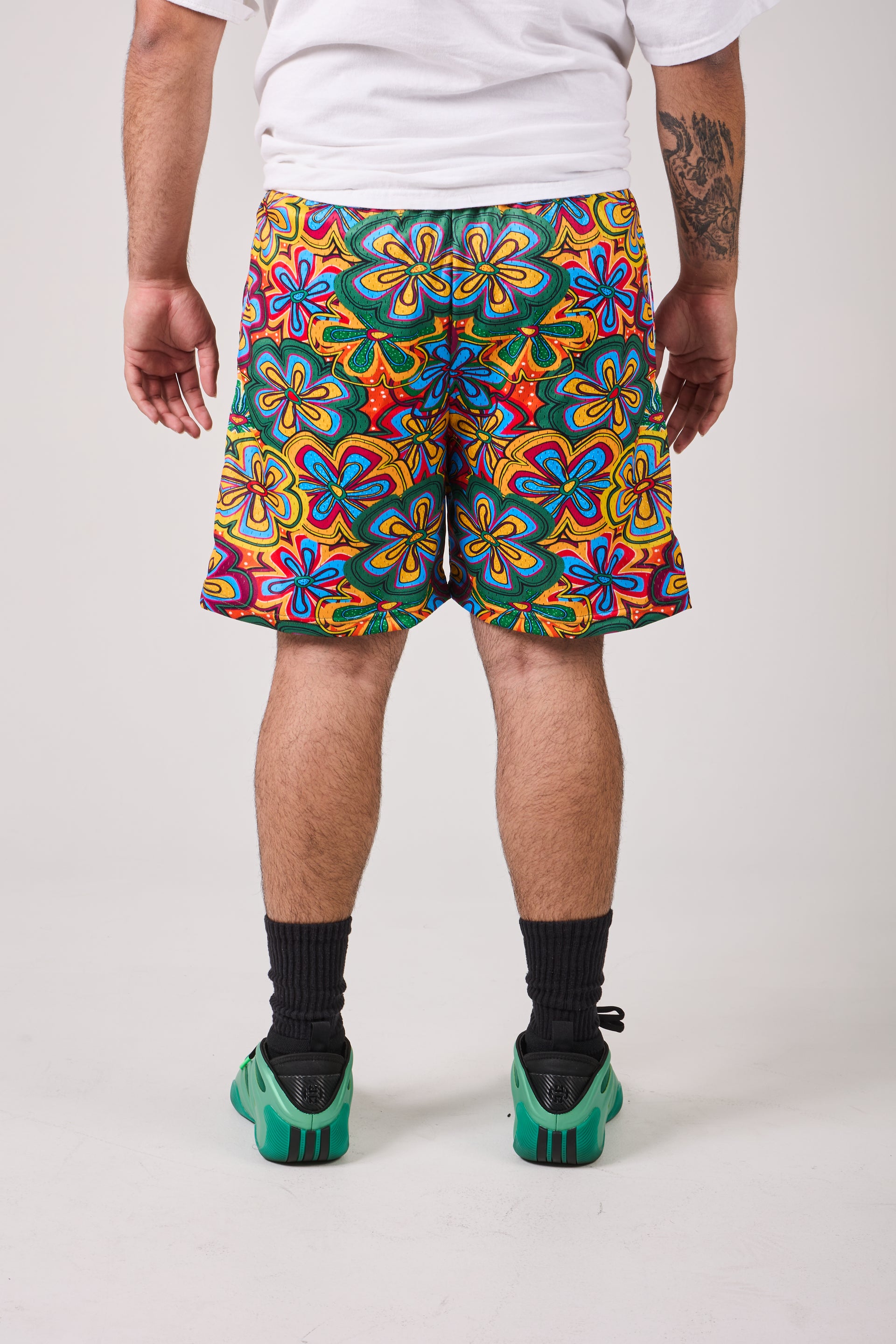 Santorini blue yellow premium mesh shorts back view